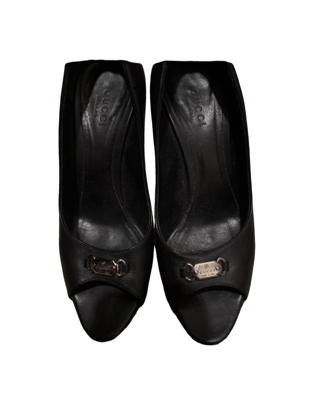 Gucci Black Leather Peep-Toe Pumps with Metal Plaque